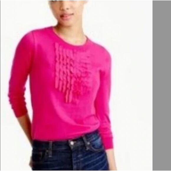J. CREW Merino Wool Sweater L-XL Fuschia Pullover Ruffle Detail Barbie Pink - Picture 1 of 7